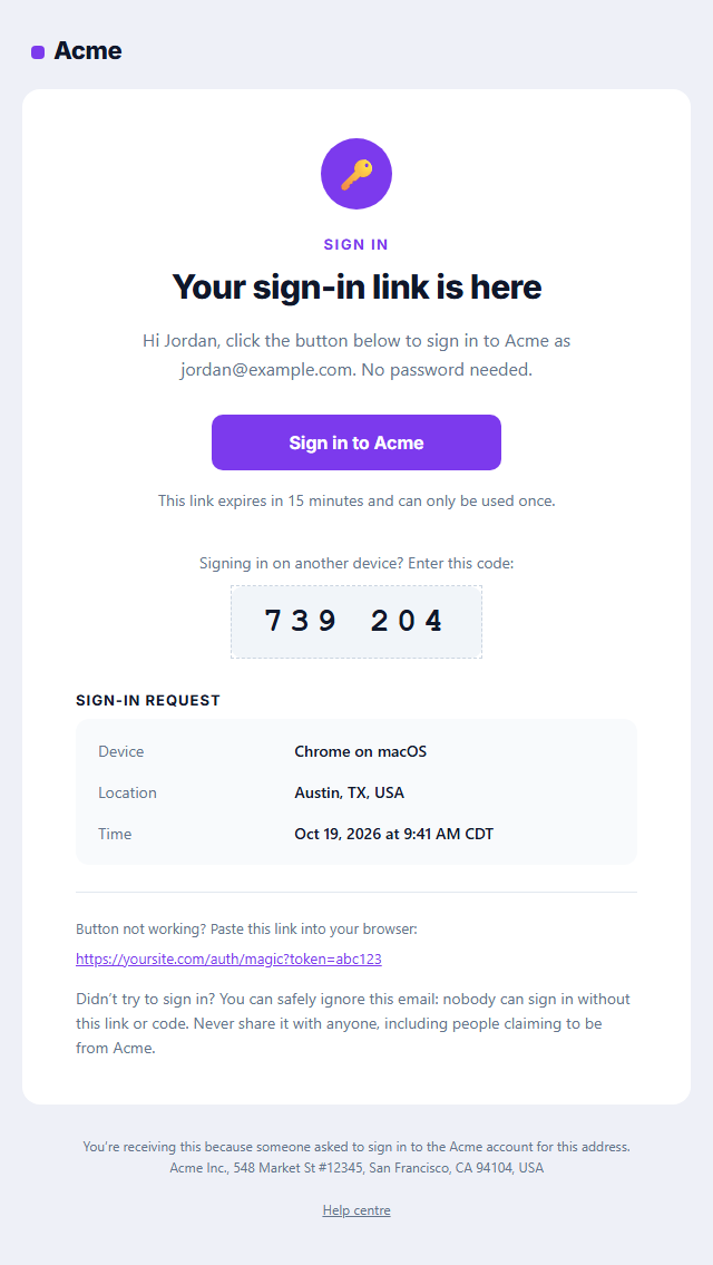 Magic Link Sign-in Email template preview