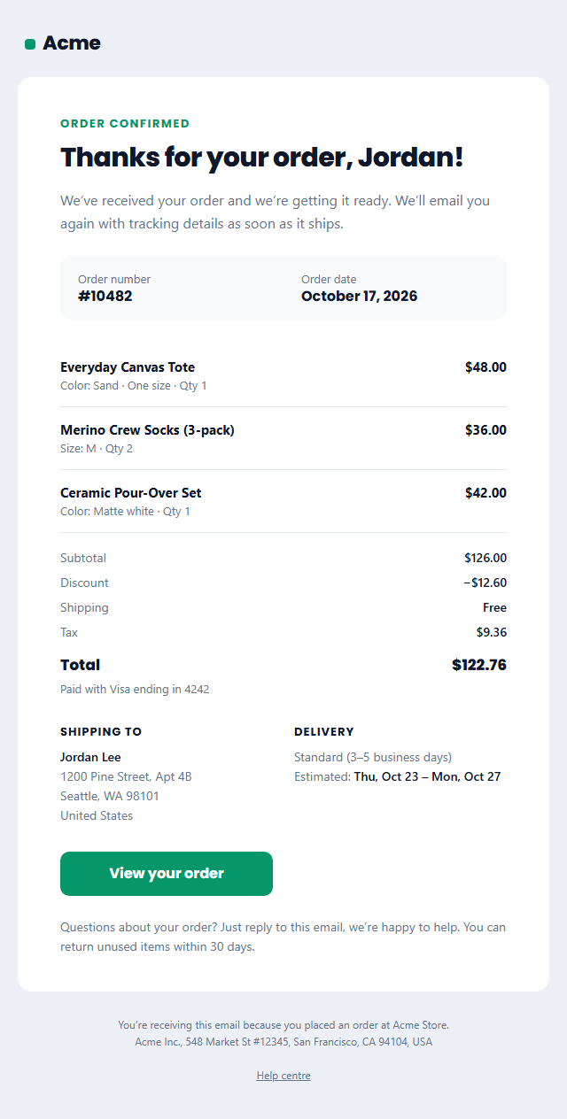 Order Confirmation Email template preview
