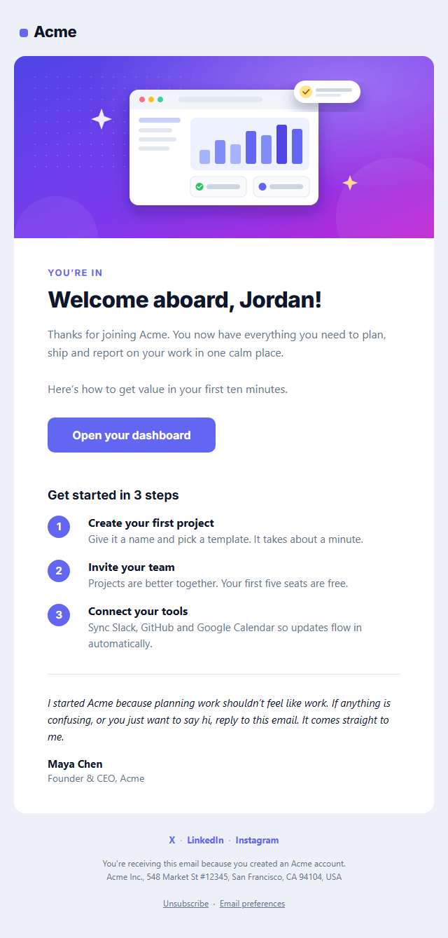 Welcome Email template preview