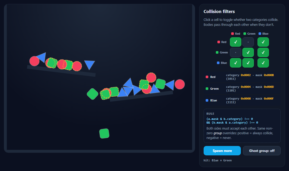 Matter.js Collision Filter Categories Visualizer